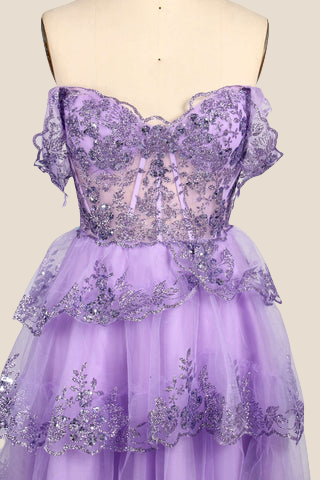 Off the Shoulder Lavender Sequin Tiered Short Dress