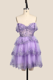 Off the Shoulder Lavender Sequin Tiered Short Dress