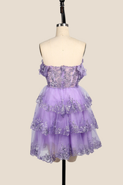 Off the Shoulder Lavender Sequin Tiered Short Dress