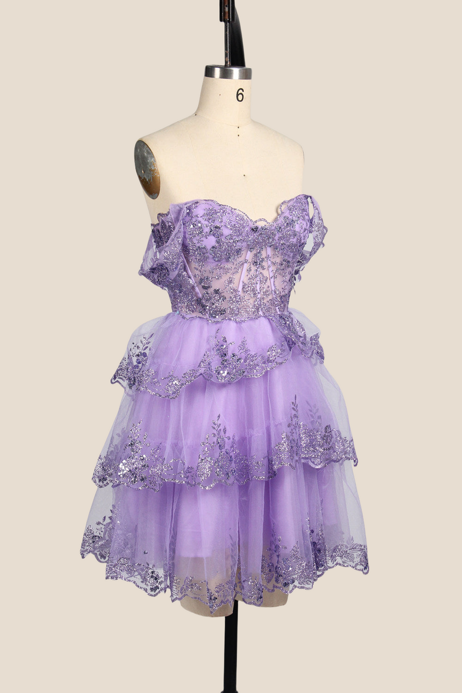 Off the Shoulder Lavender Sequin Tiered Short Dress