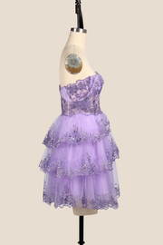 Off the Shoulder Lavender Sequin Tiered Short Dress