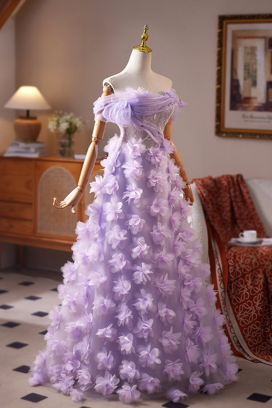 Off the Shoulder Lilac Floral Long Dress with Sequin