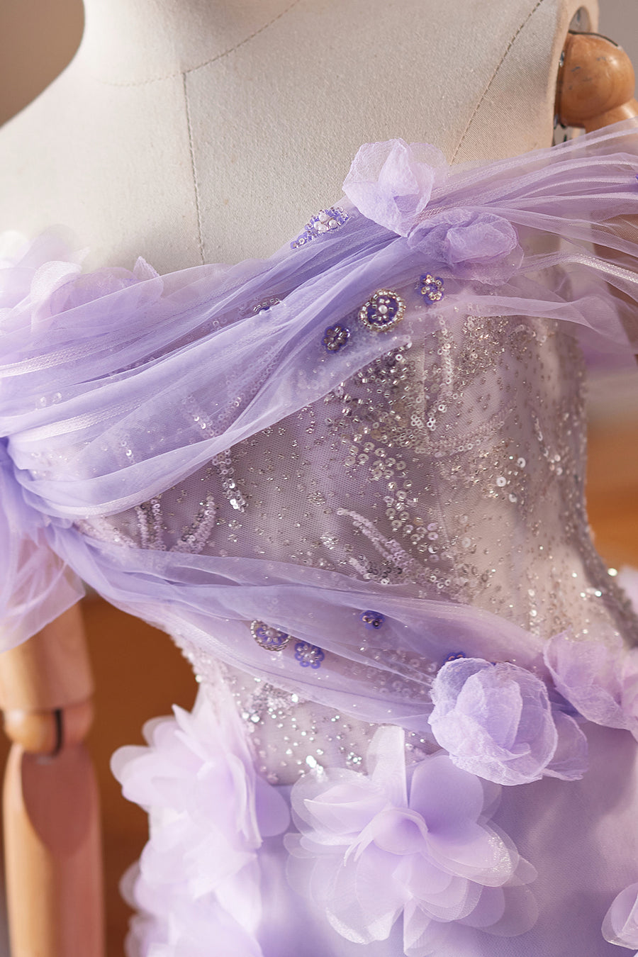 Off the Shoulder Lilac Floral Long Dress with Sequin