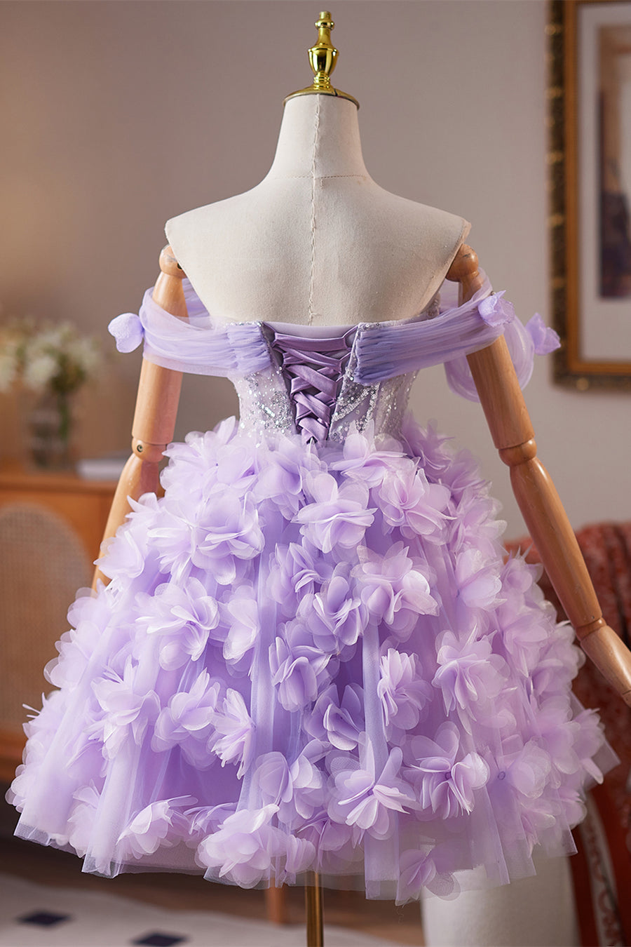 purple floral off the shoulder dress Gorgeous A Line Off the Shoulder Lavender Printed Long Prom Dress with Ruffles