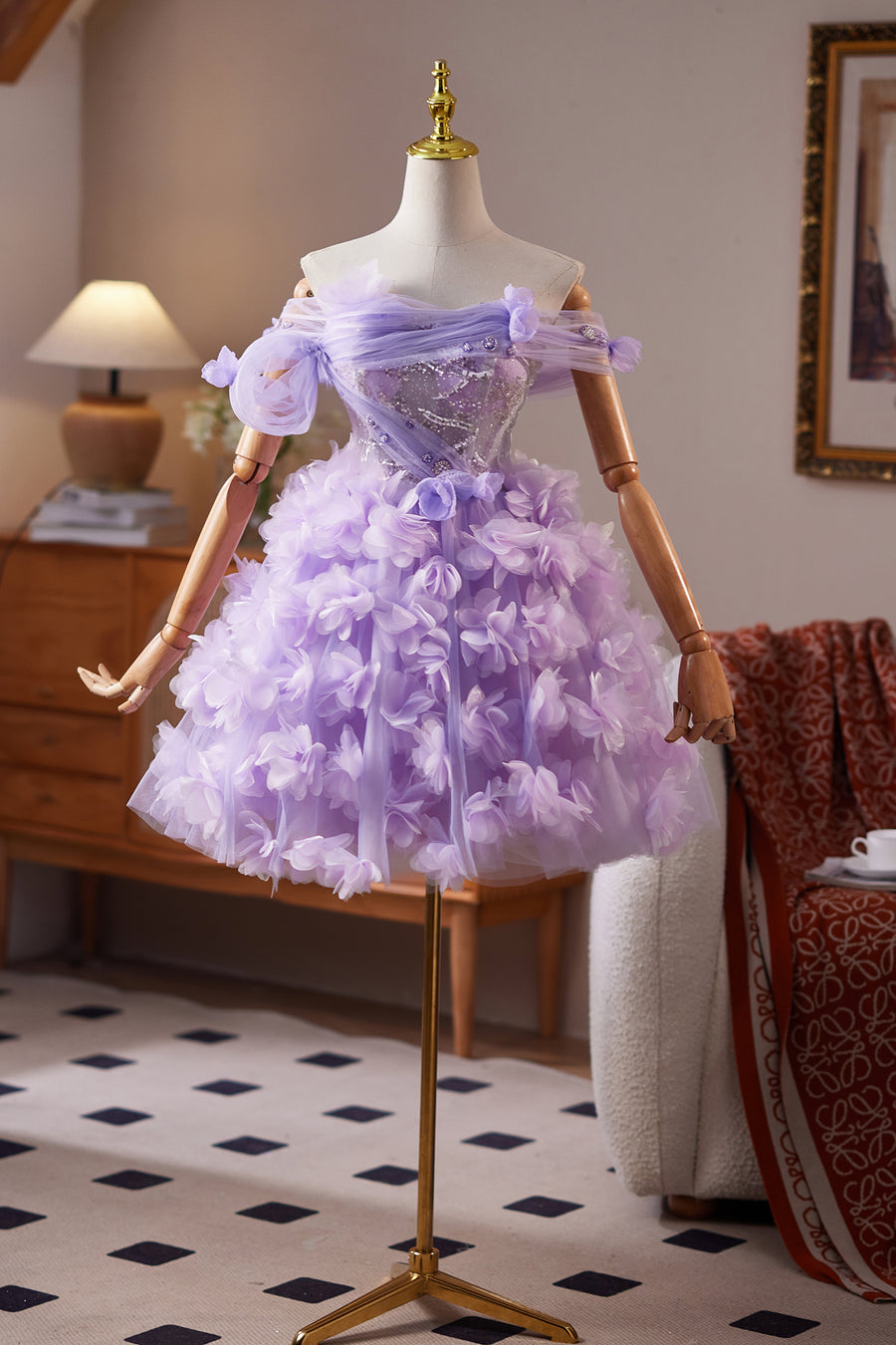 Off the Shoulder Lilac Floral Short Dress with Sequin