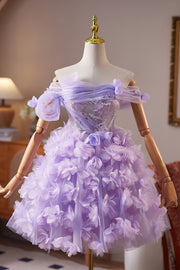 Off the Shoulder Lilac Floral Short Dress with Sequin