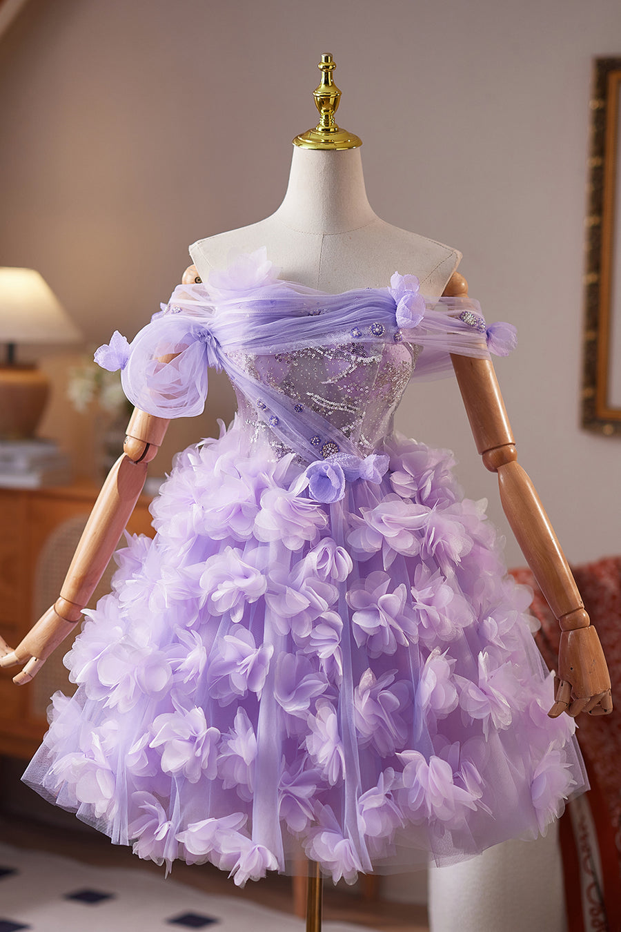 Off the Shoulder Lilac Floral Short Dress with Sequin