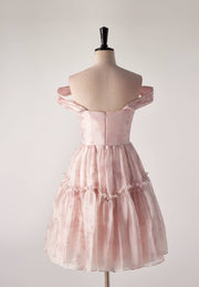 Off the Shoulder Pink Floral Pleated Short Dress