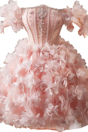 Off the Shoulder Pink Floral Short Dress with Beaded