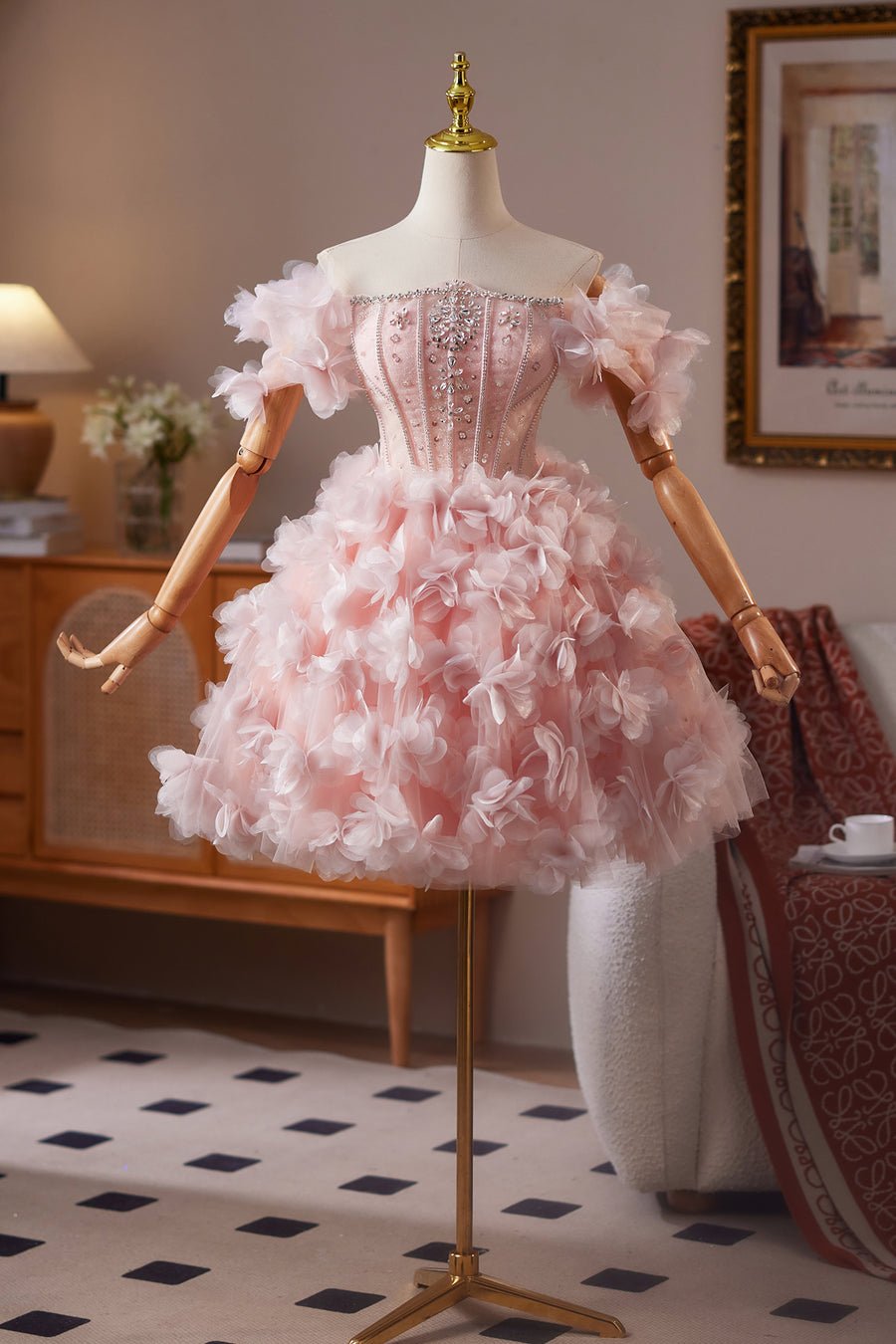 Off the Shoulder Pink Floral Short Dress with Beaded