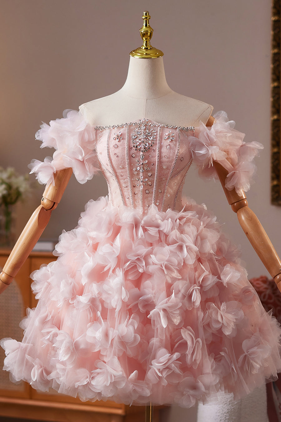 Off the Shoulder Pink Floral Short Dress with Beaded
