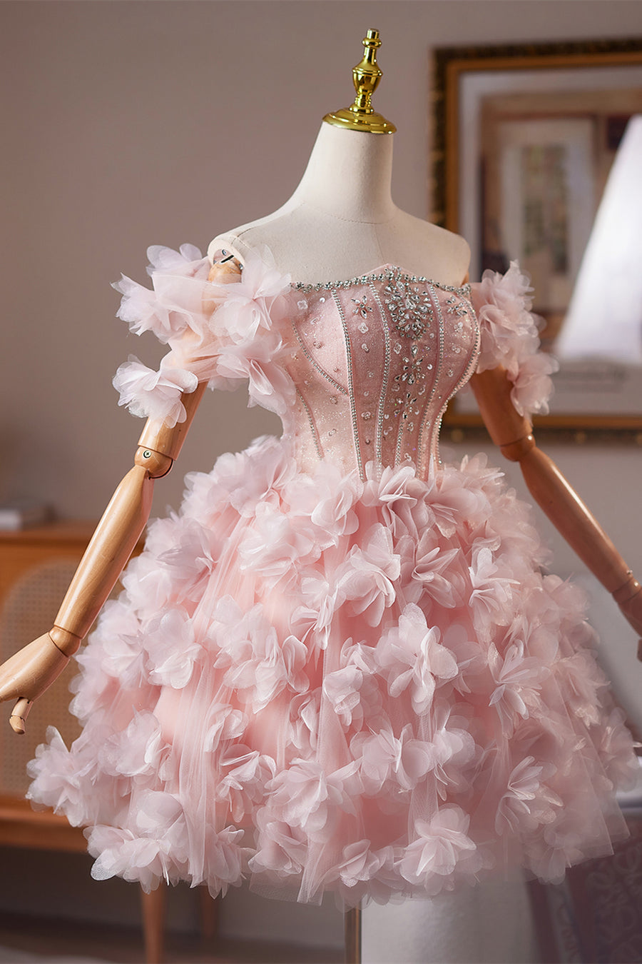 Off the Shoulder Pink Floral Short Dress with Beaded