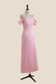 Off the Shoulder Pink Ruched Long Dress