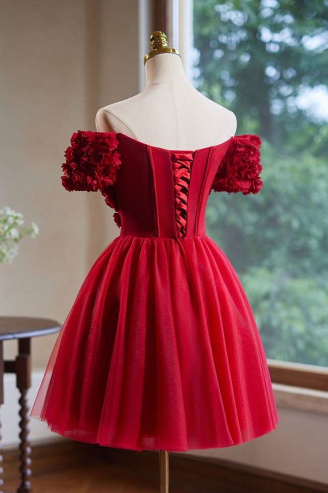 Off the Shoulder Red 3D Flowers Short Dress