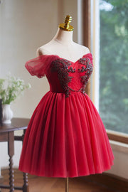 Off the Shoulder Red Beaded Short Tulle Dress