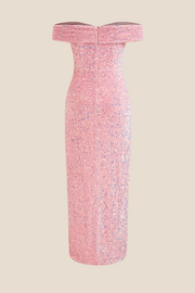 Off the shoulder Pink Sequin Long Dress with Slit