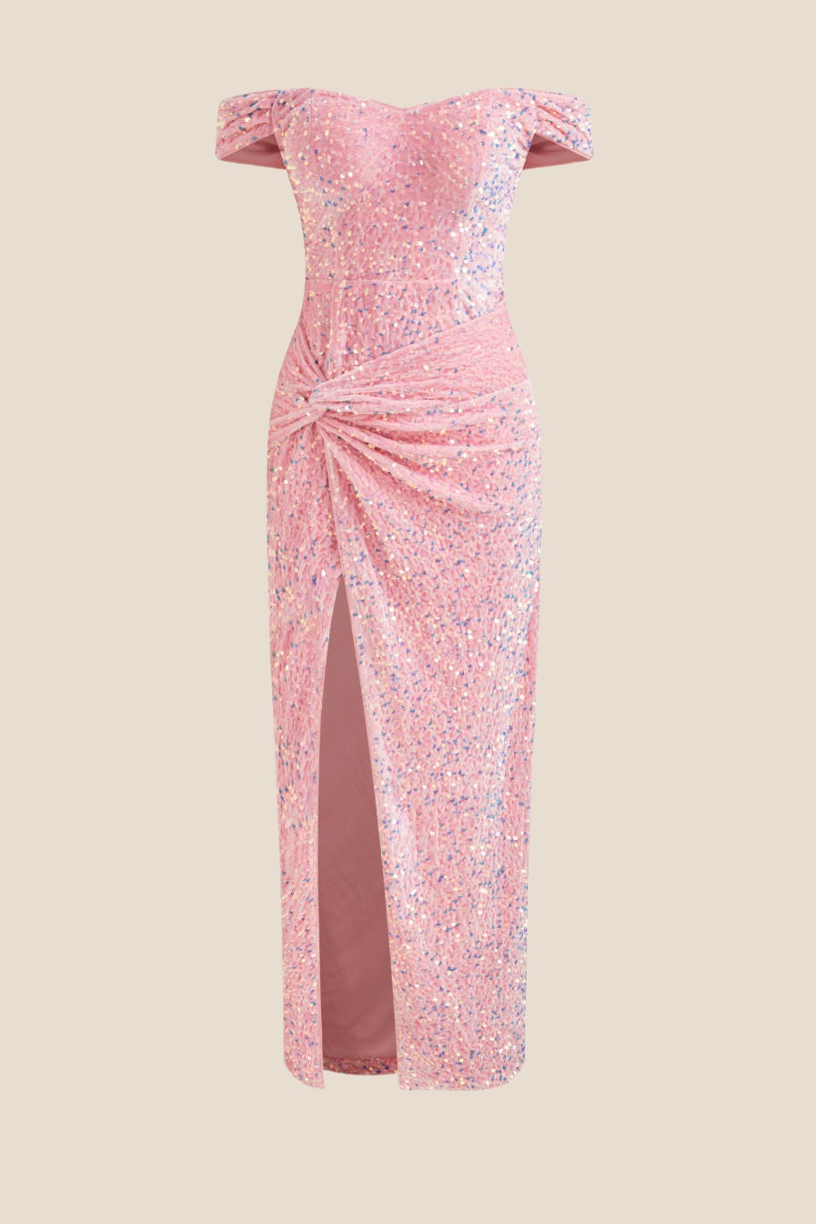 Off the shoulder Pink Sequin Long Dress with Slit