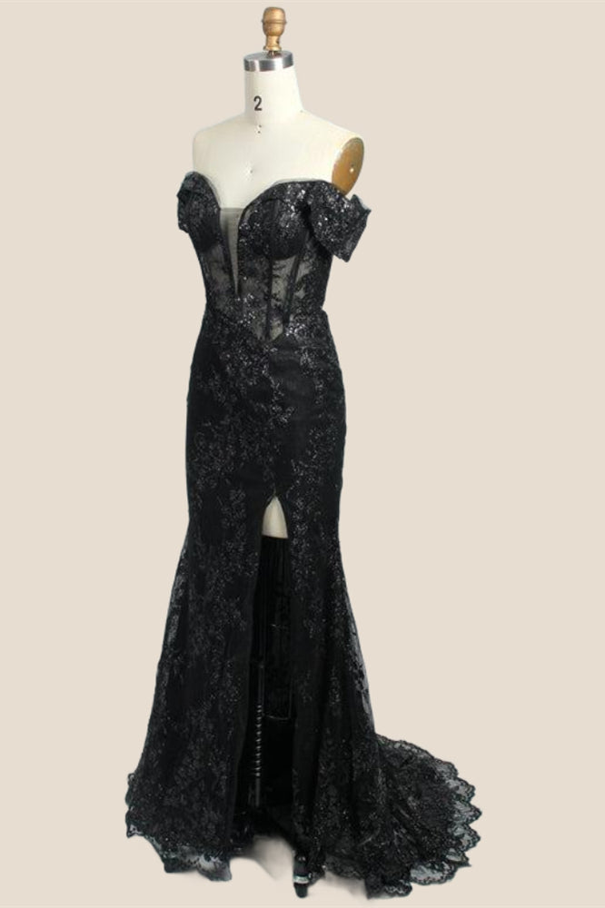 Off the Shoulder Black Lace Mermaid Long Prom Dress