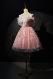 Off the Shoulder Blush Pink A-line Short Princess Dress