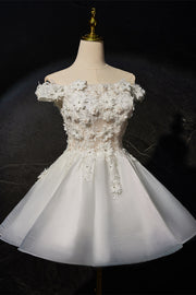 Off the Shoulder White 3D Floral A-line Princess Dress