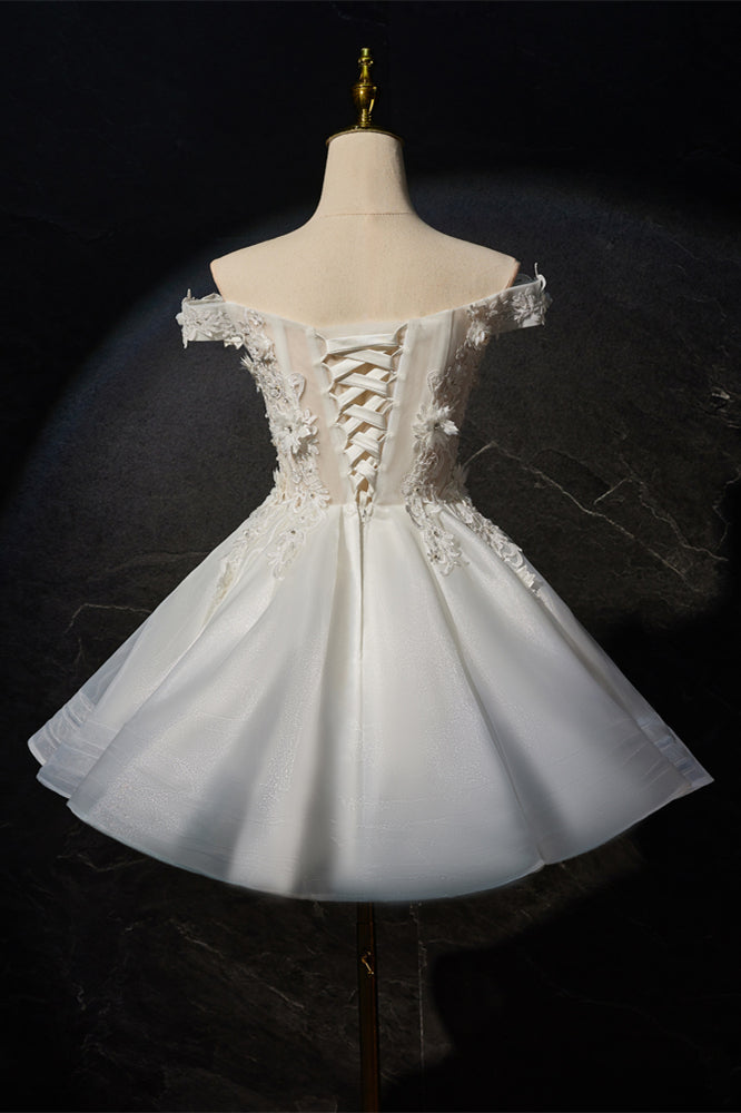 Off the Shoulder White 3D Floral A-line Princess Dress