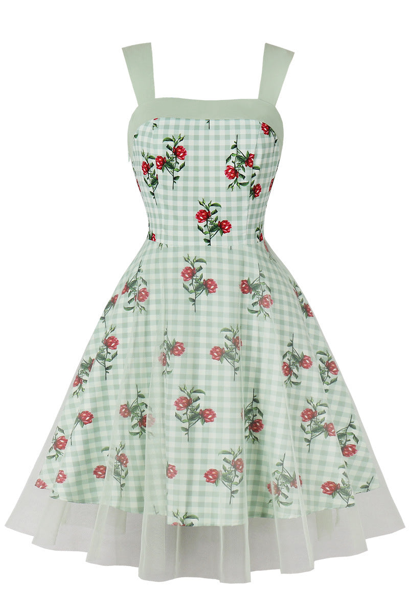 Green Plaid Swing Dress with Floral Prints