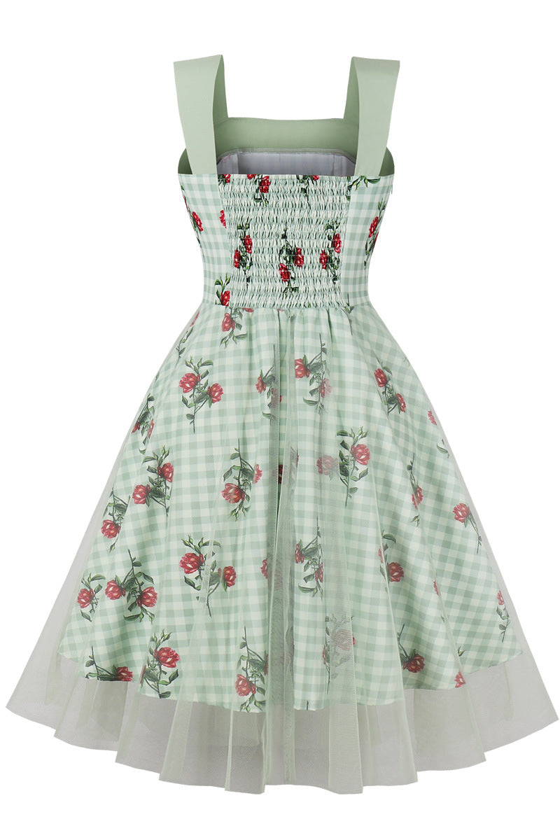 Green Plaid Swing Dress with Floral Prints