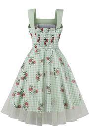 Green Plaid Swing Dress with Floral Prints