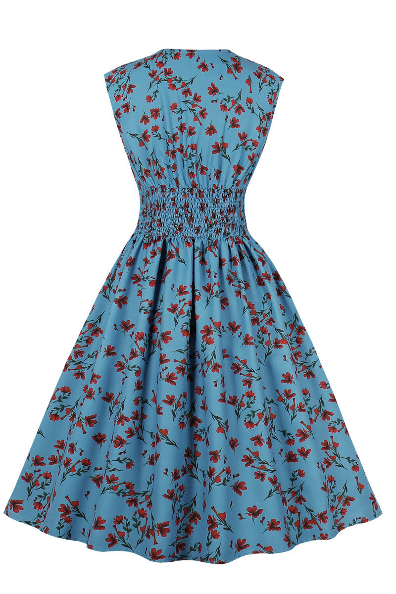 Blue Floral Empire Strapless Swing Dress with Buttons