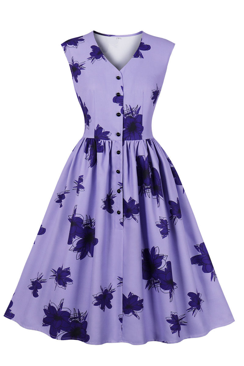 Sleeveless Purple Floral Swing Dress with Buttons