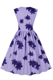 Sleeveless Purple Floral Swing Dress with Buttons