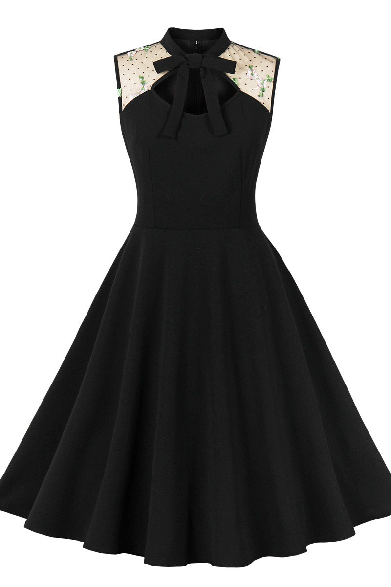 High Neck Embroidery Black Swing Dress