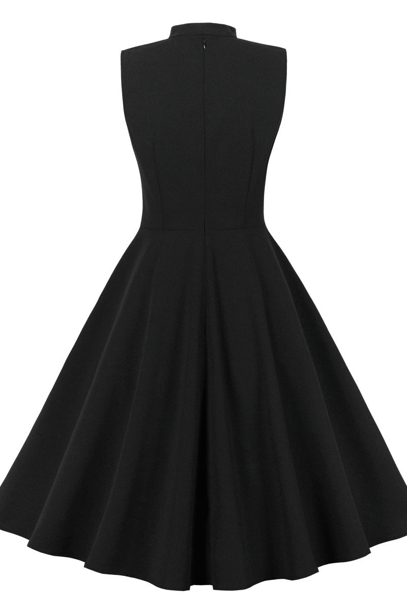 High Neck Embroidery Black Swing Dress