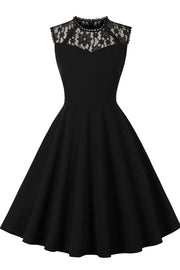 Sheer Lace Neck Black Swing Dress