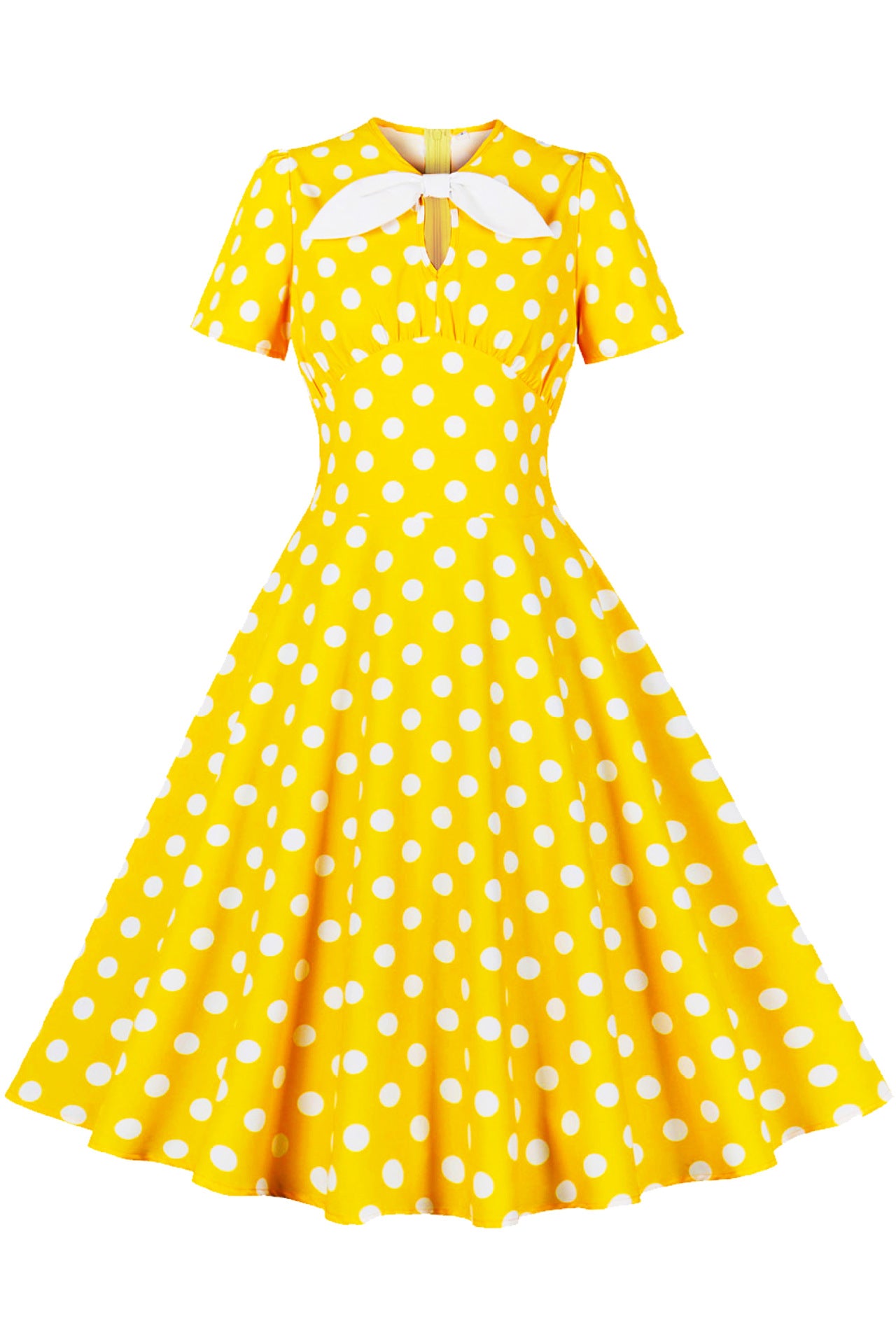 Yellow and White Polk Dots Bow Swing Dress