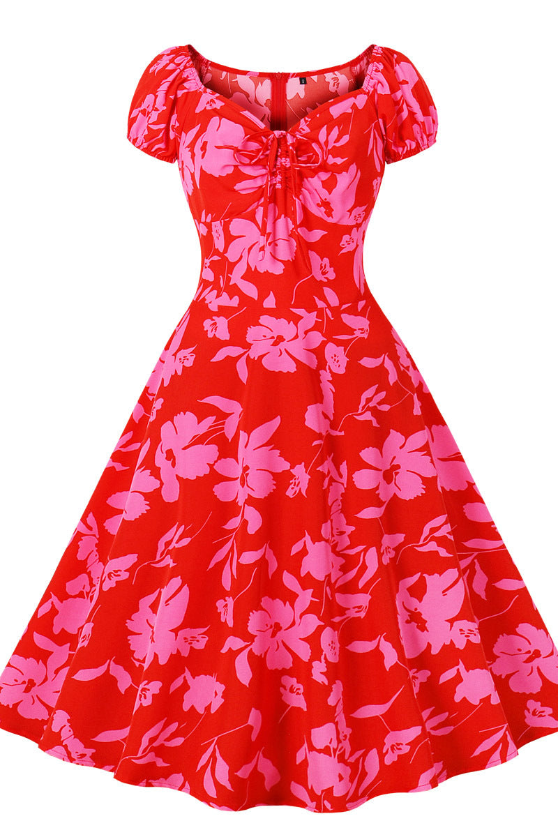 Short Sleeves Red Print Swing Dress