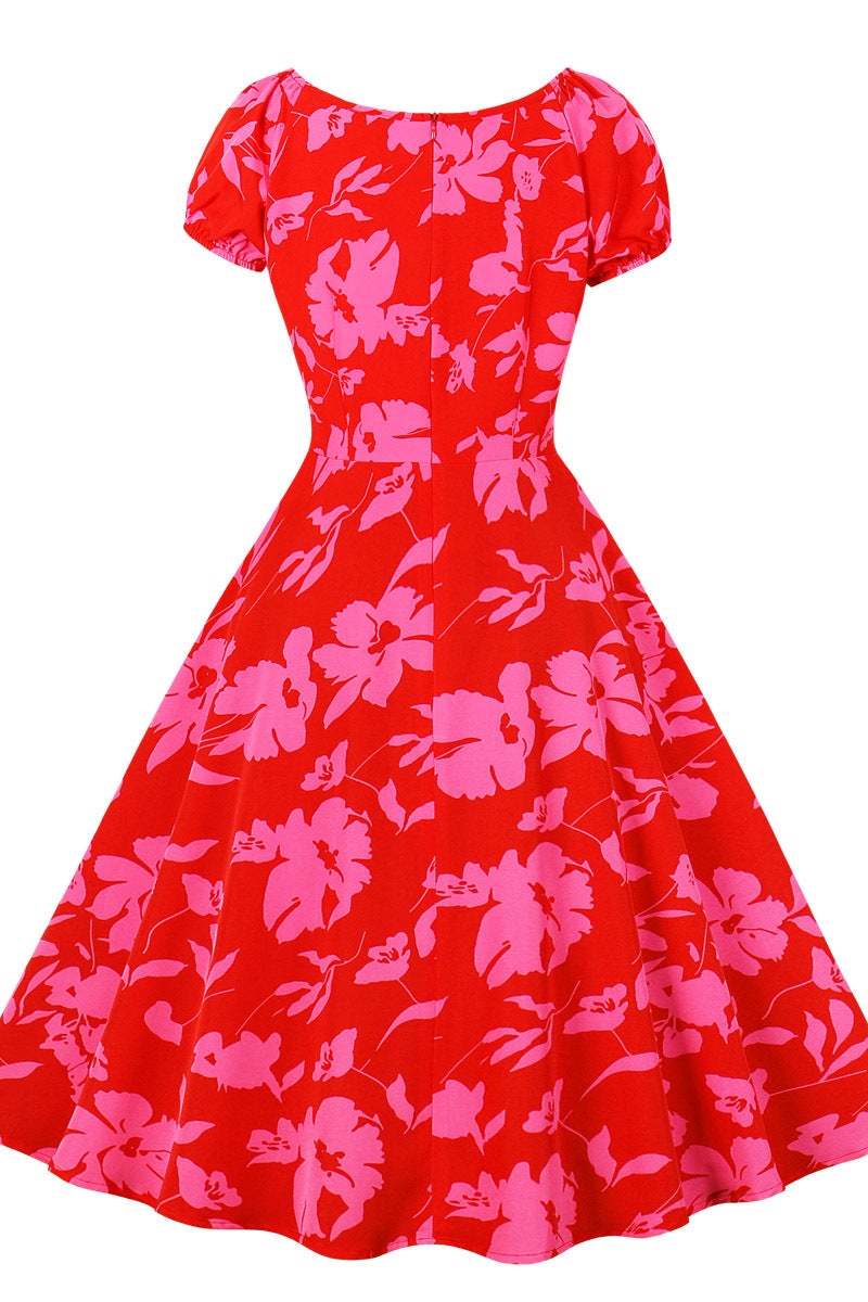 Short Sleeves Red Print Swing Dress