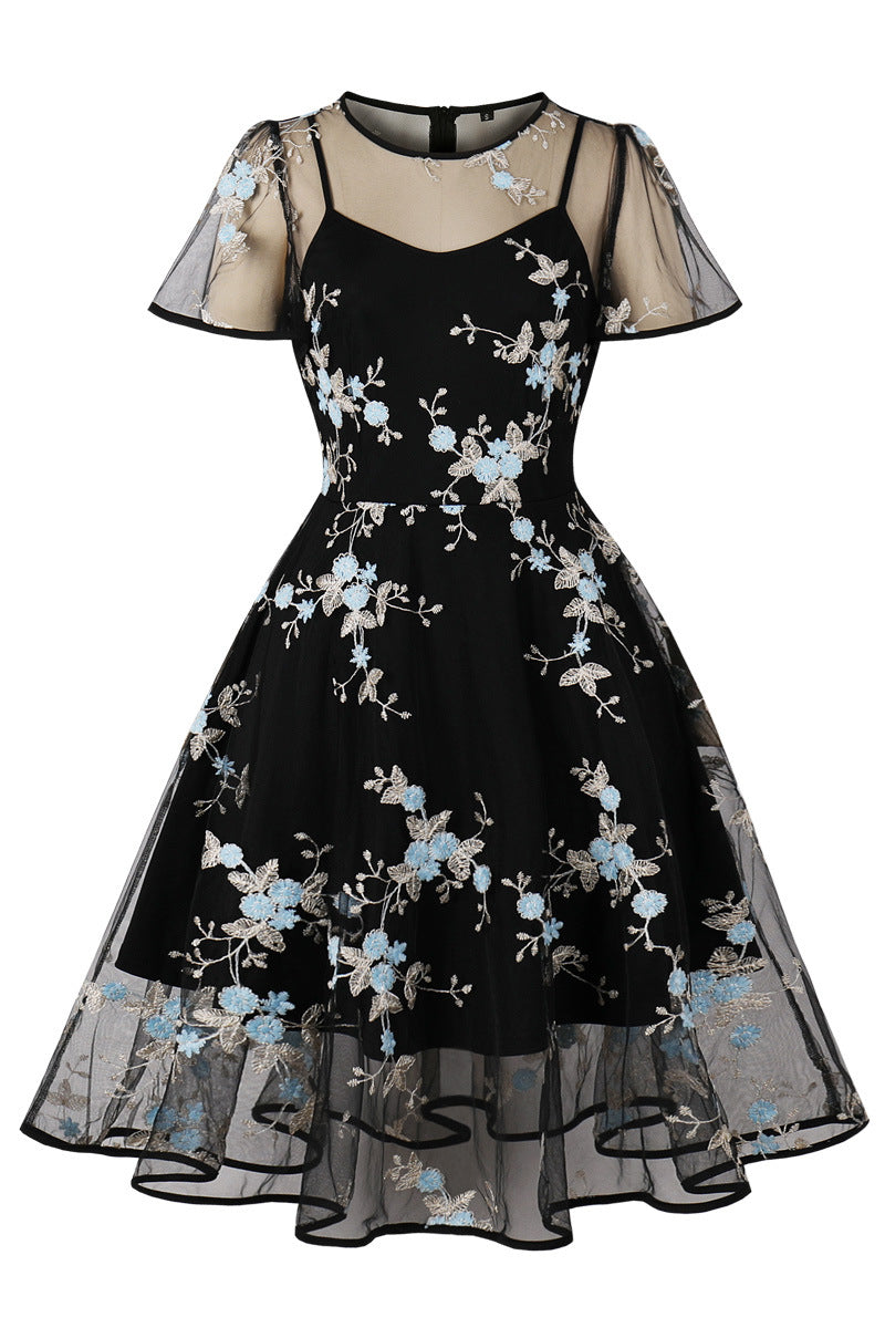 Mesh Black and Blue Floral Embroidery Dress