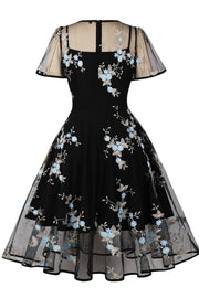 Mesh Black and Blue Floral Embroidery Dress