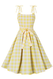 Yellow Plaid Swing Dress with Sash