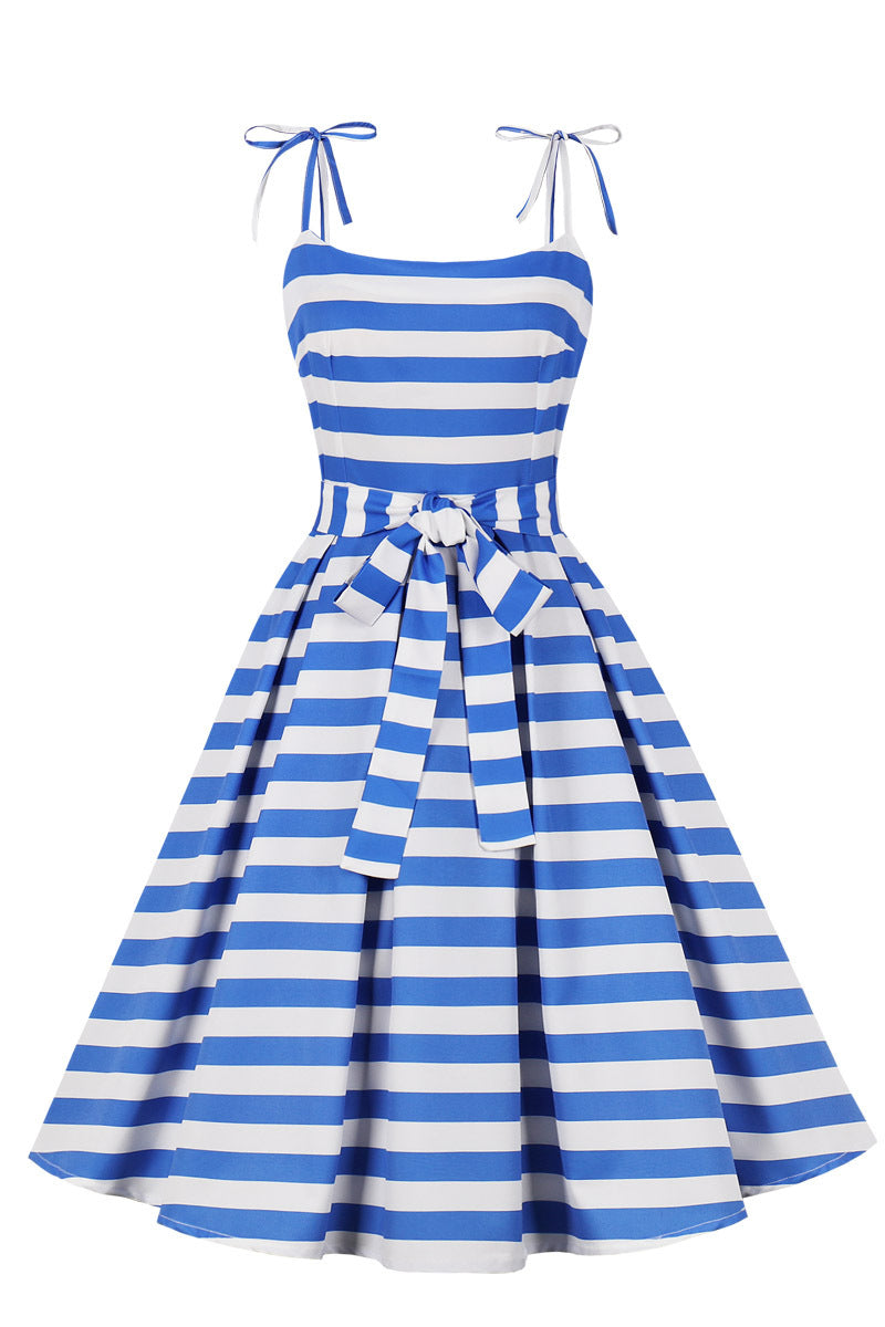 Blue Striped Swing Dress with Sash