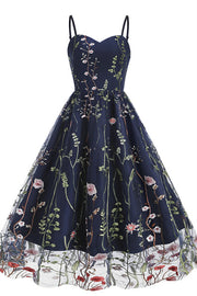 Straps Navy Blue Floral Embroidery Short Dress
