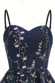 Straps Navy Blue Floral Embroidery Short Dress