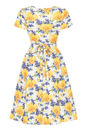 Yellow Floral Wrap Dress with Sash