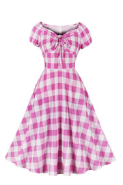 Short Sleeves Pink Plaid Short Dress
