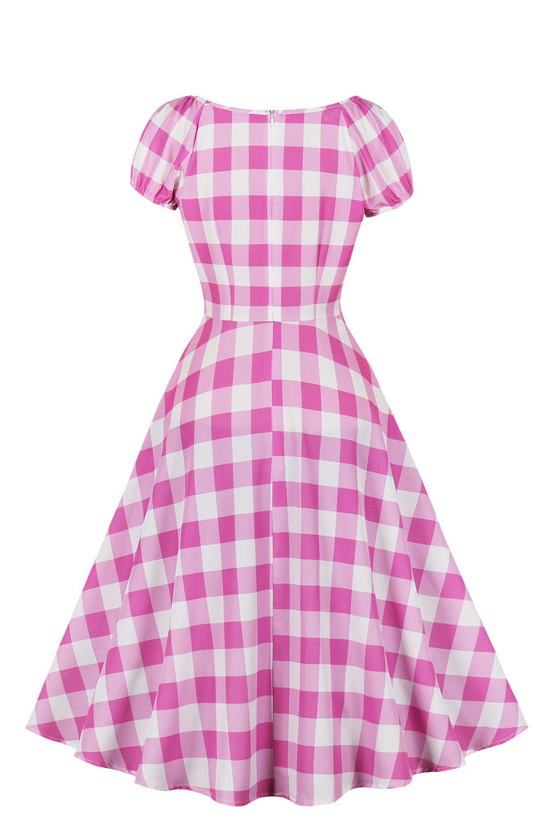 Short Sleeves Pink Plaid Short Dress