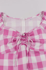Short Sleeves Pink Plaid Short Dress