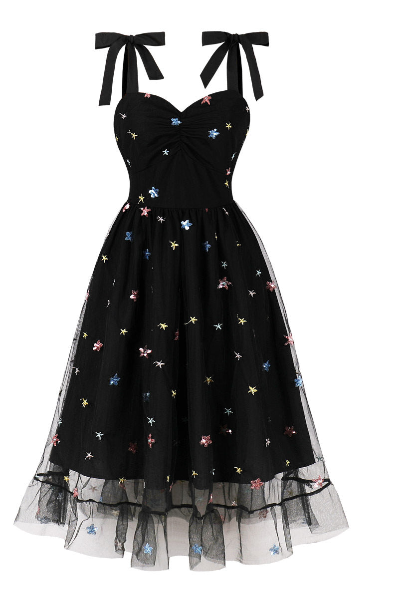 Black Mesh Short Dress with Sequin Stars