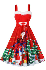 Santa Print Red A-line Christmas Dress