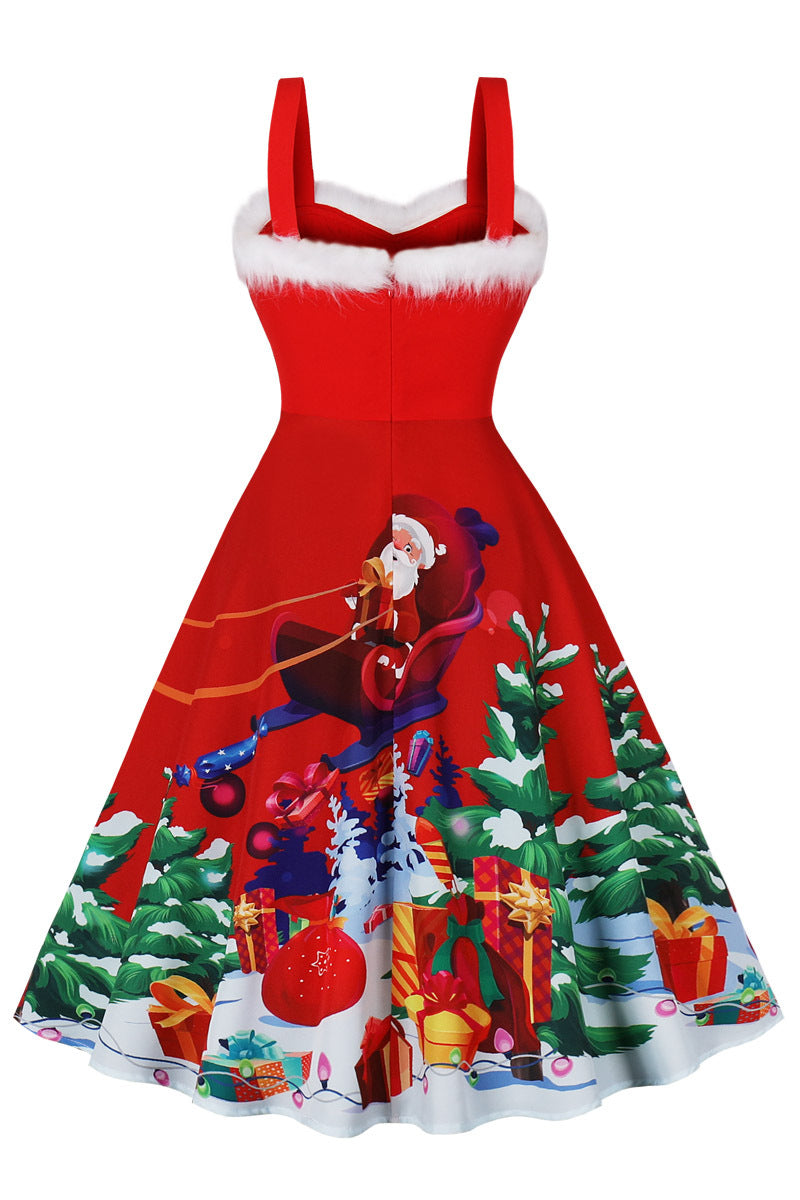 Santa Print Red A-line Christmas Dress